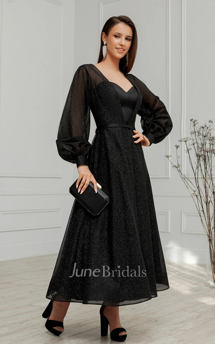 Modest A-Line Sweetheart Tulle and Sequins Evening Dress
