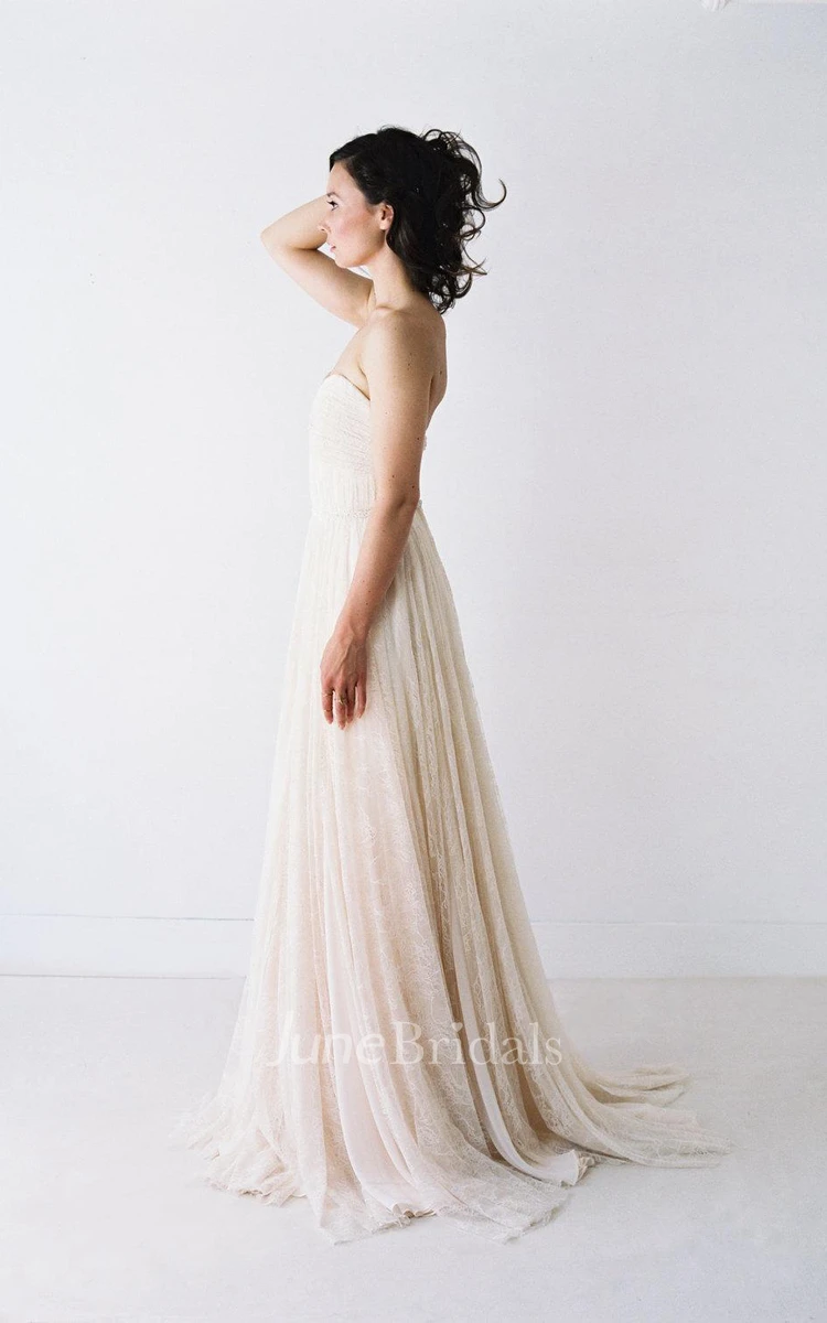 Long Sweetheart A-Line Lace Wedding Dress With Ruching and Pleats