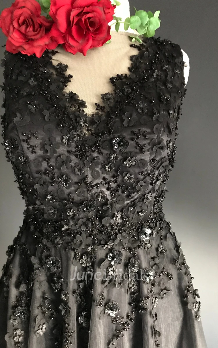 Sheath V-neck Floor-length Sleeveless Deep-V Back With Appliques Lace Sequins Black Wedding Dress
