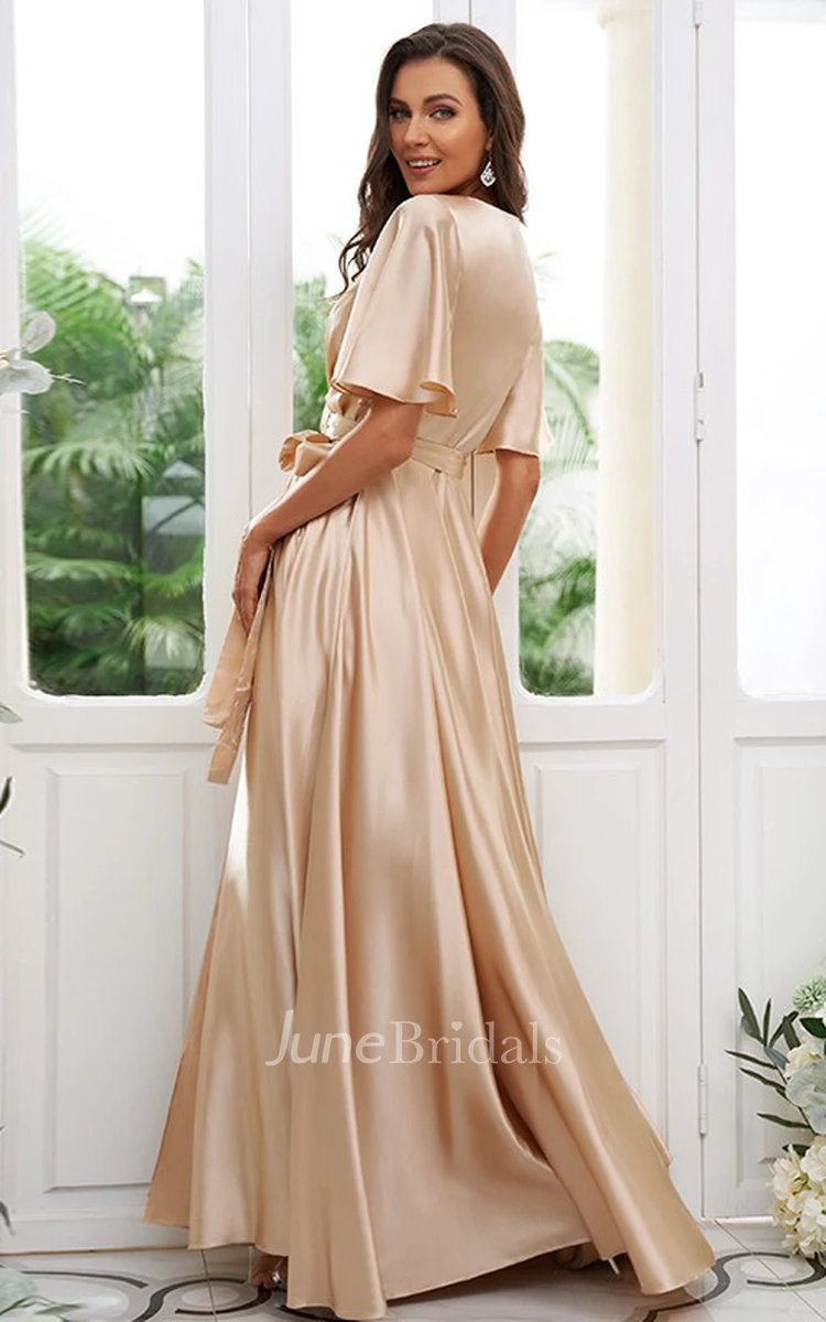 A-Line Satin Half Sleeve Bridesmaid Dress 2023 V-neck Floor-length Simple Casual Modest Elegant Modern