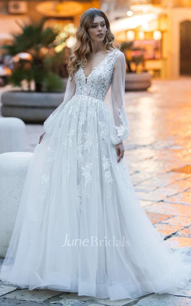 Boho Romantic V-neck A Line Lace Court Train Long Sleeve Wedding Dress with  Appliques - June Bridals