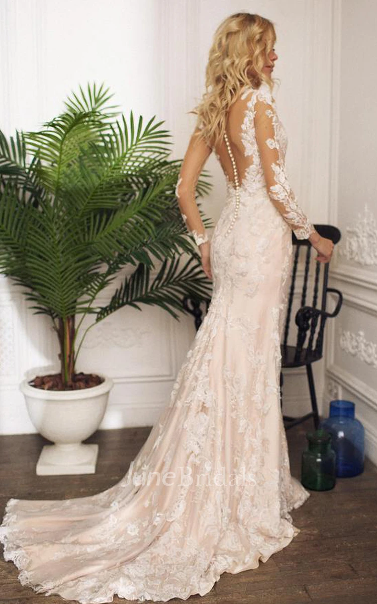 Modest Mermaid Floor-length Sweep Train Lace Jewel Long Sleeve Wedding Dress