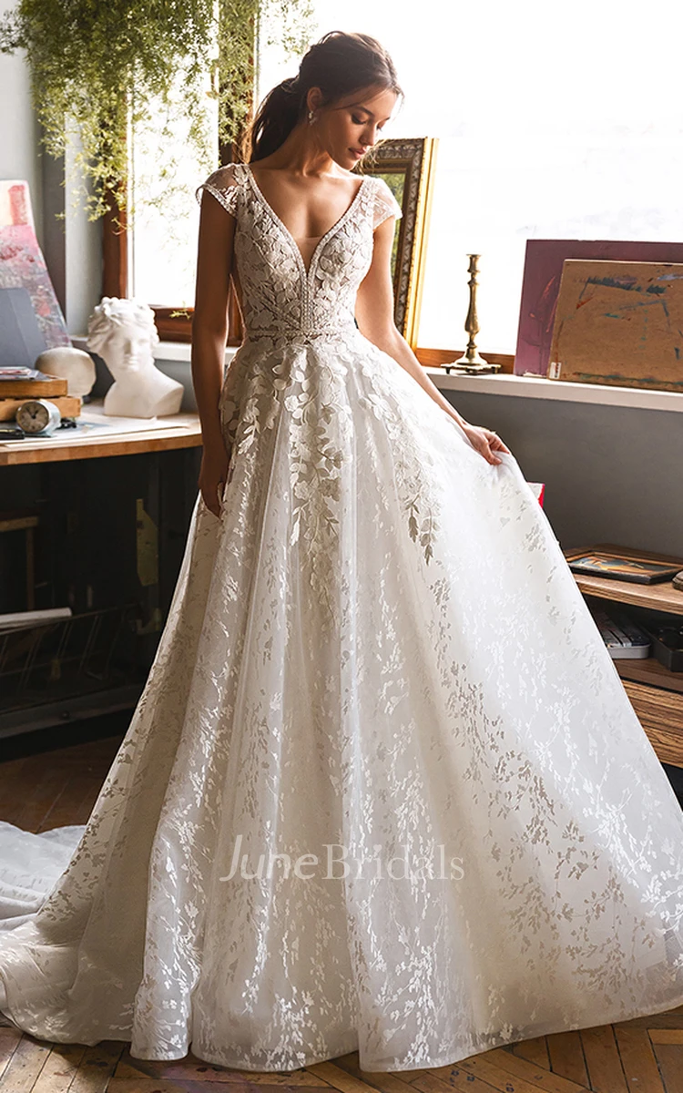 Whimsical Ethereal Boho A-Line Lace Ballgown Wedding Dress Sexy Floral Princess Plunging Cap Sleeves Open Back Bridal Gown