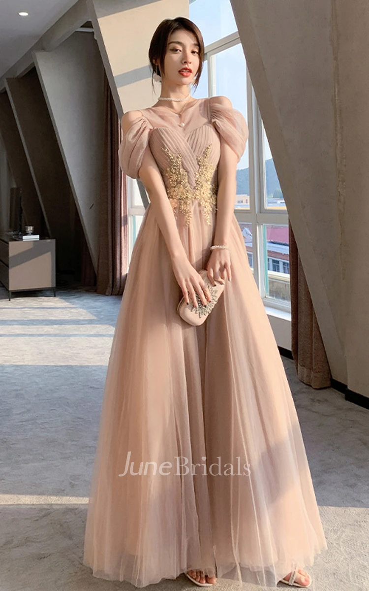 Romantic Tulle Off-the-shoulder V-neck A Line Evening Formal Dress With Appliques
