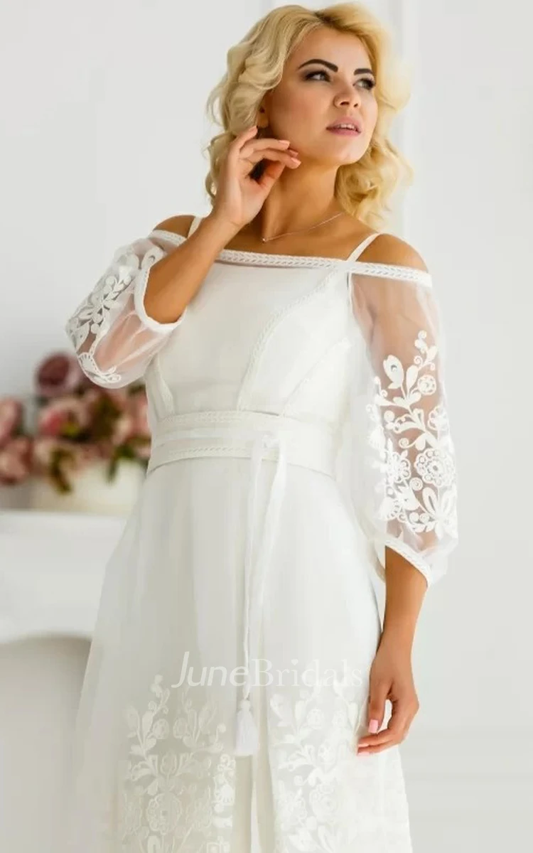 Ethereal Tea-length 3/4 Length Sleeve Tulle A Line Button Wedding Dress with Ribbon