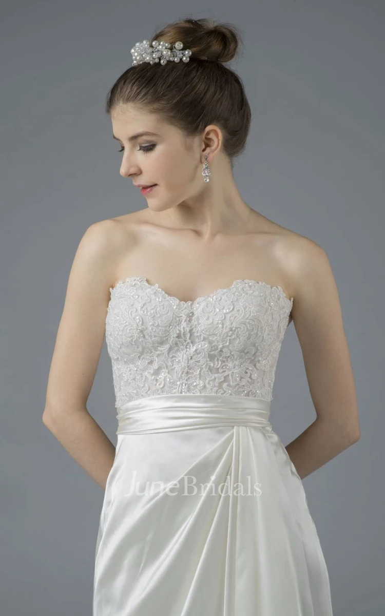 Elegant Sweetheart Open Back Satin Lace Appliques Gown With Draping And Buttons