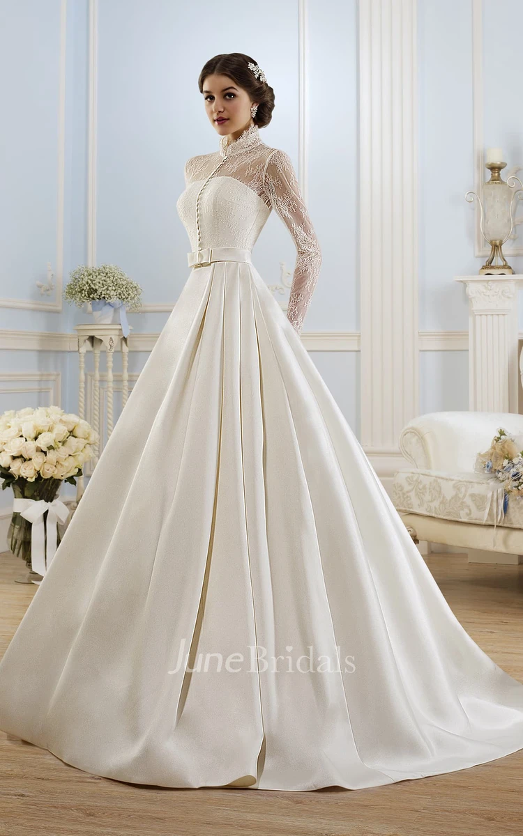 Cap Sleeve High Neckline Ballgown Wedding Dress With Lace Bodice
