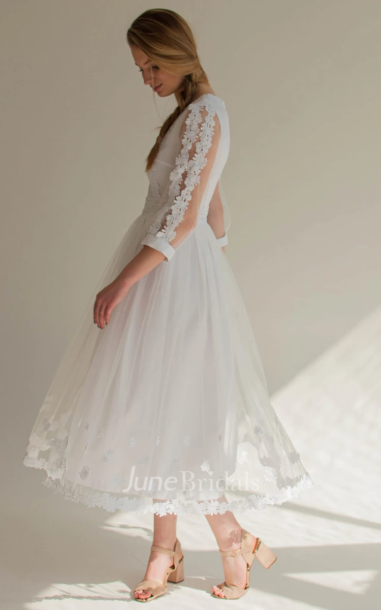 Simple Tea-length 3/4 Length Sleeve Tulle A Line Zipper Wedding Dress with Appliques
