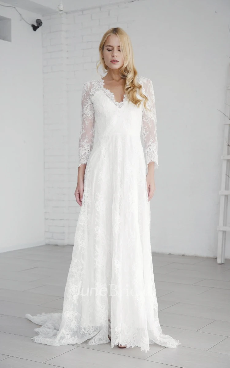Lace A-line Elegant Long Sleeve Wedding Dress With V-neck And Deep V-back