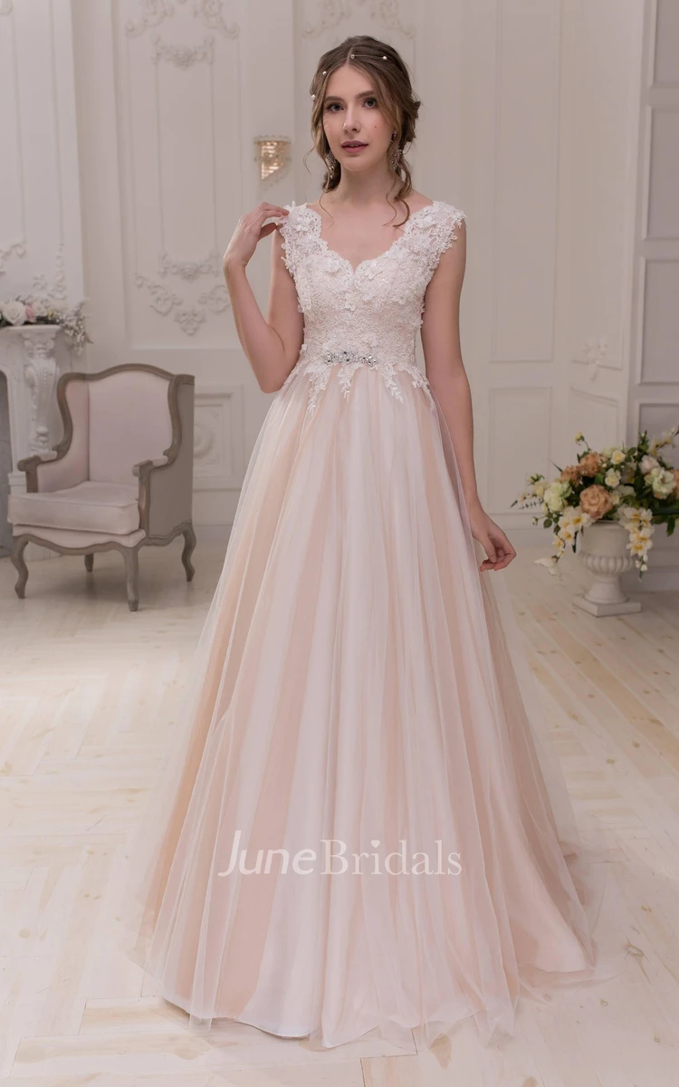 Plunged Sleeveless A-Line Tulle Satin Wedding Dress With Beading And Appliques