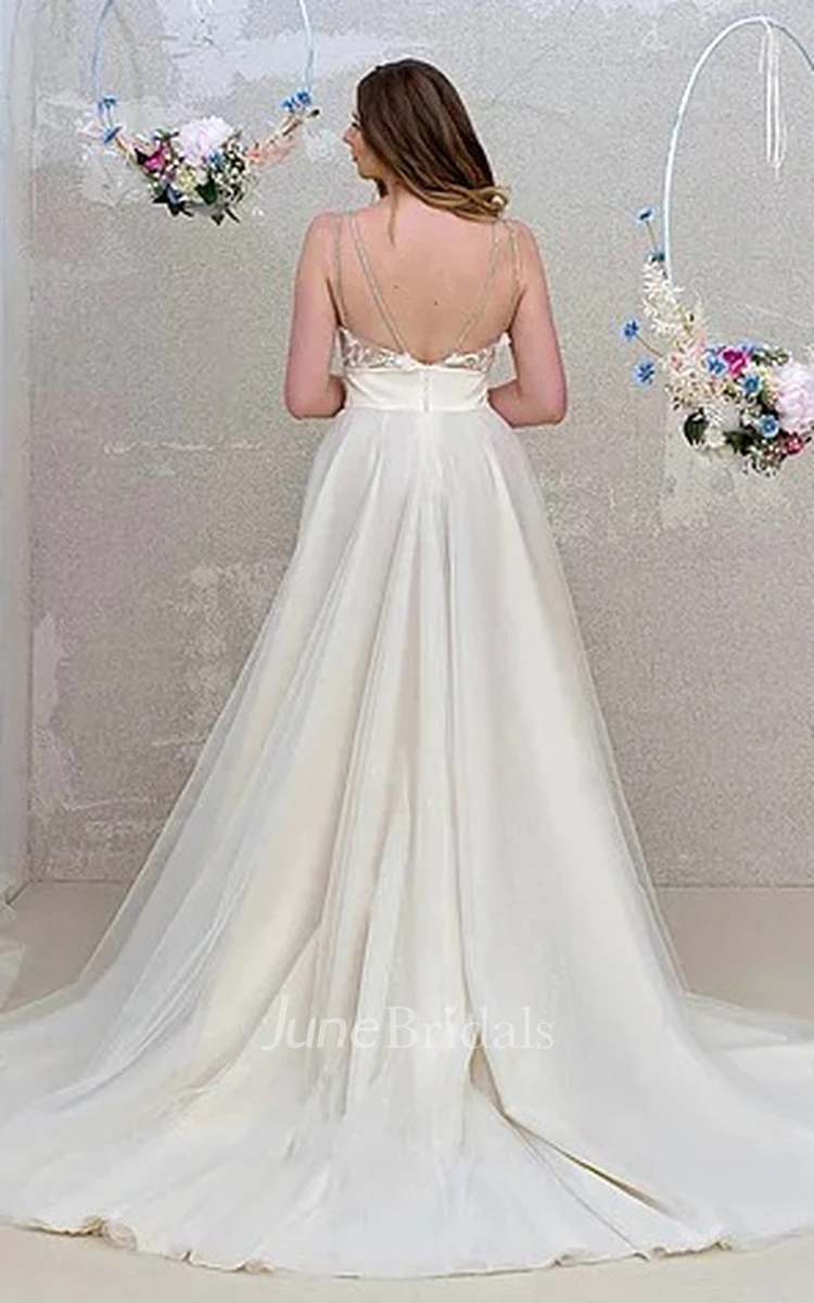 Ethereal A Line Floor-length Sleeveless Tulle Wedding Dress with Split Front