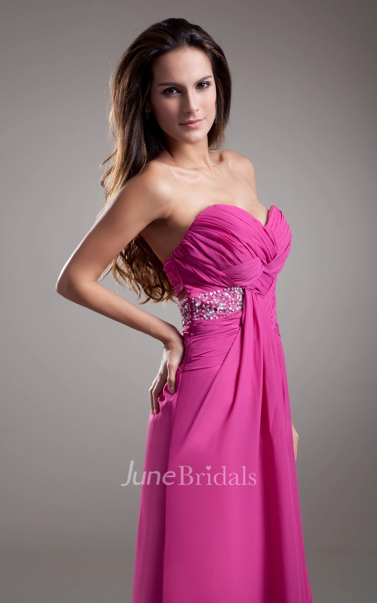 Soft Flowing Fabric Sweetheart Sleeveless Dress With Crystal Detailing And Draping