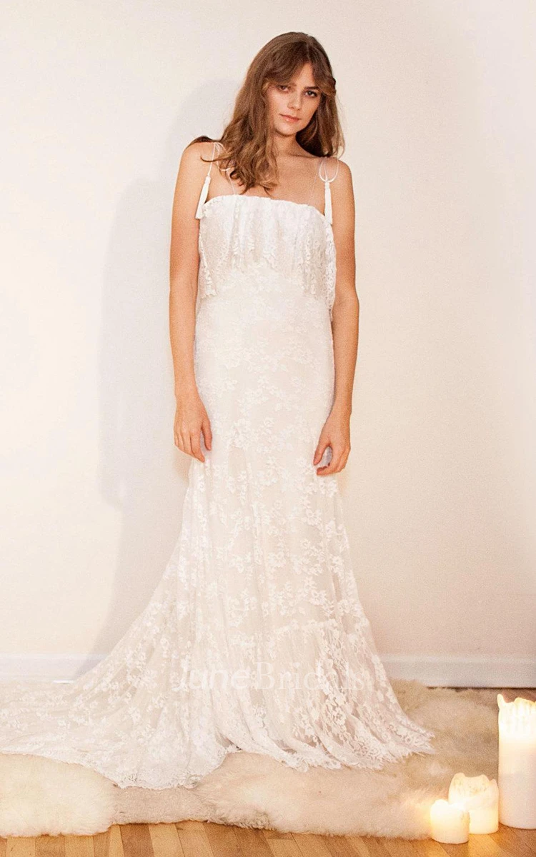 Off-Shoulder Long Sheath Lace Boho Wedding Dress With Ruffles