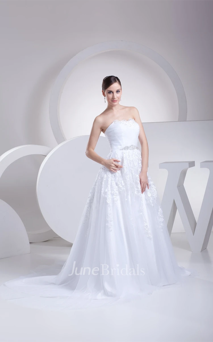 Strapless Ruched A-Line Gown with Appliques and Gemmed Waist