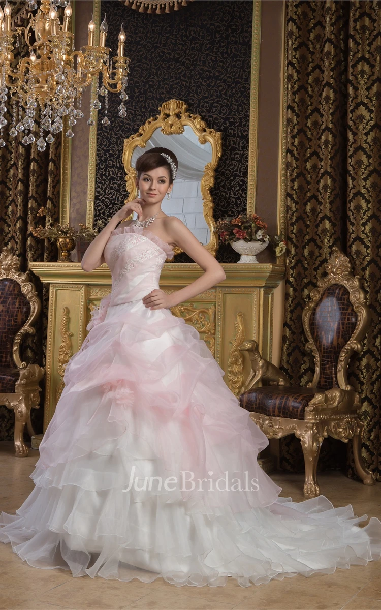 Strapless Ruffled A-Line Ball Gown with Beading and Tiers