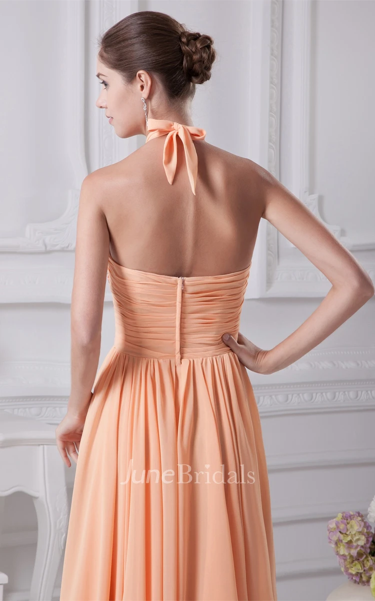 Sleeveless Ruched Chiffon A-Line Gown with Halter and Jeweled Top