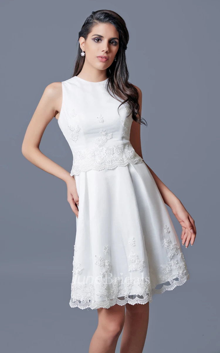 Jewel Neckline Short Satin Dress With Embroidery