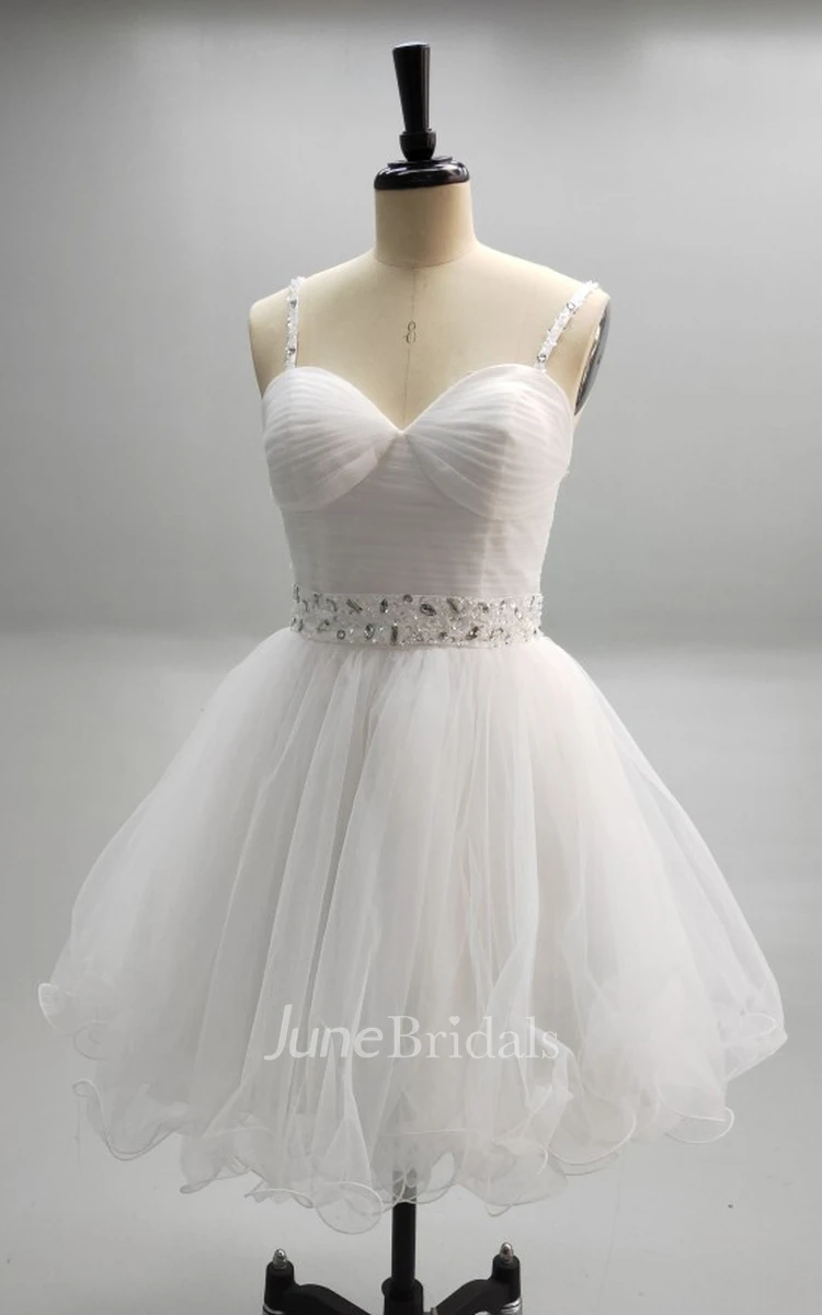 Elegant Short Mini Organza A-Line Wedding Dress Sexy Sweetheart Sparkly Spaghetti Strap Zipper Back Prom Party Gown with Beading