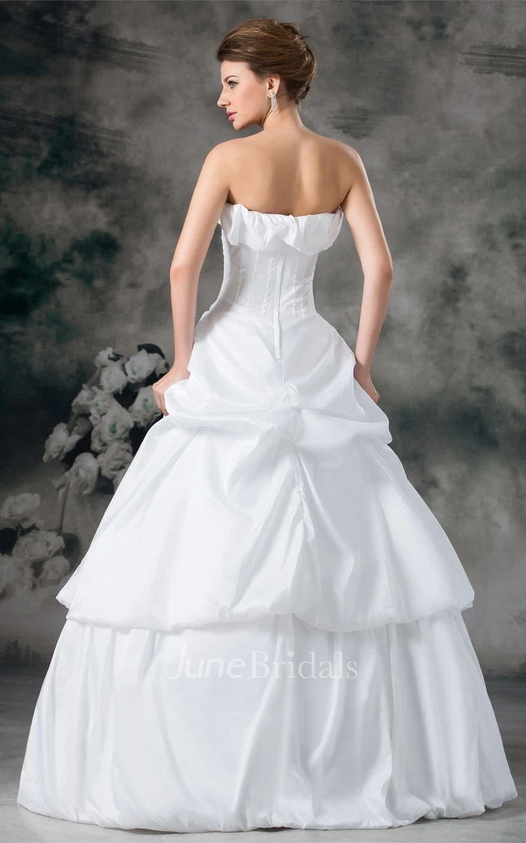 strapless maxi a-line gown with ruffles and pick up