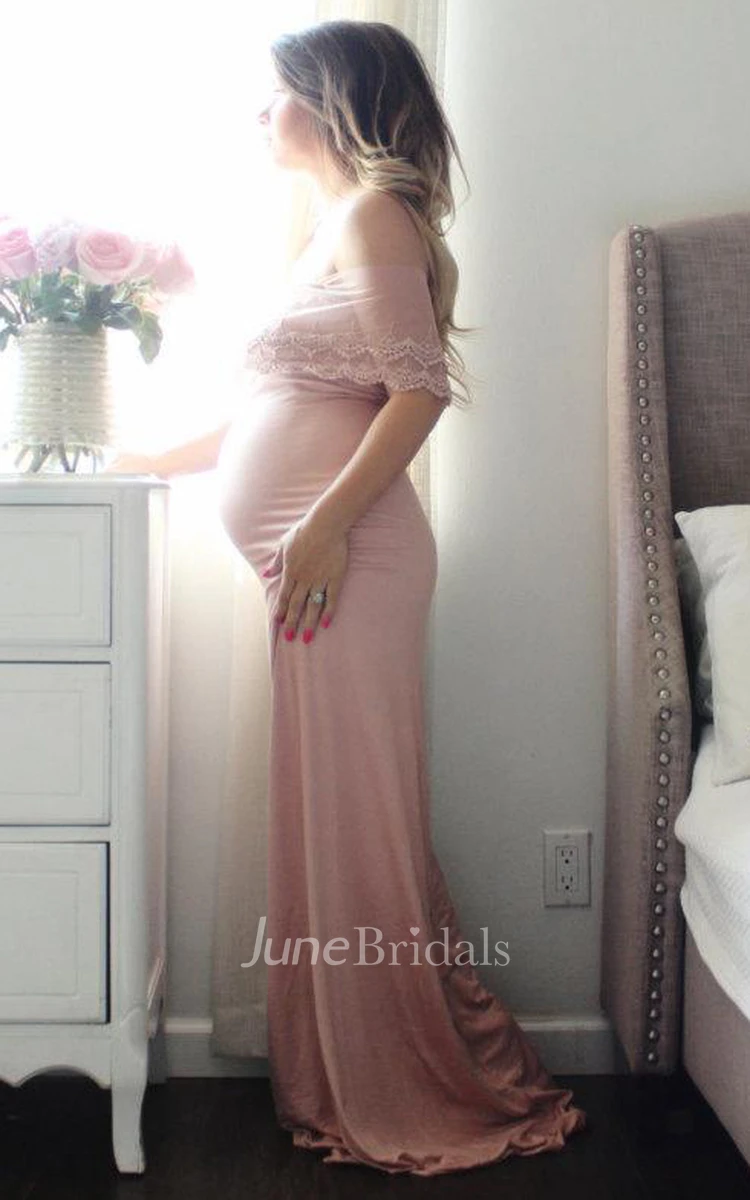 Maternity Gown Fitted Off The Shoulder Dusty Pink Lace Wrap Dress