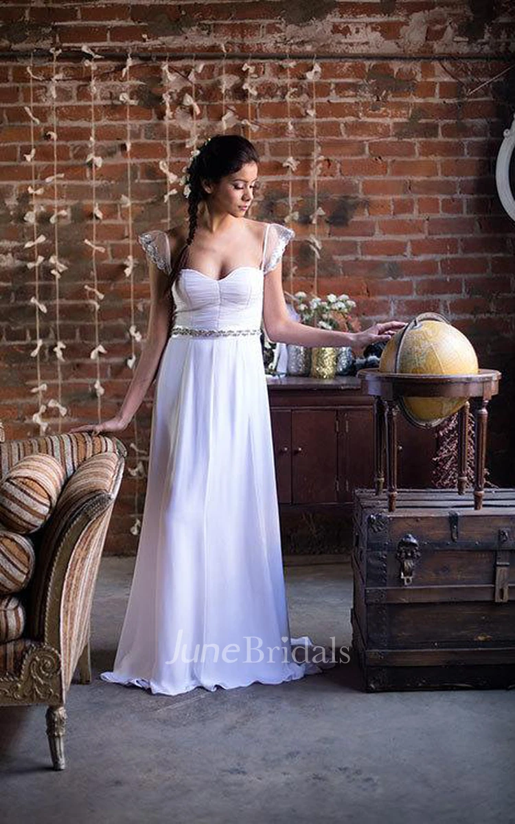 Violet Sequin Caplet Sleeve Sweetheart Neck Ruched A-Line Chiffon Wedding Gown With Beading