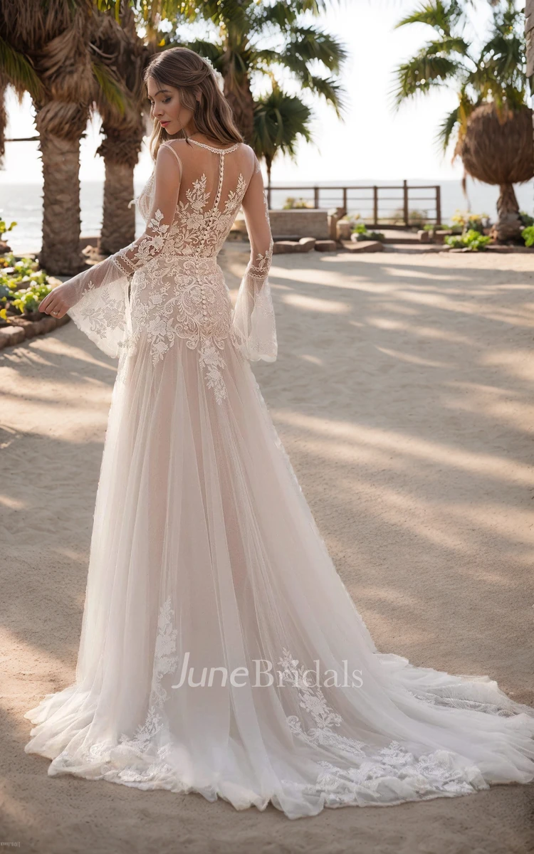 Sexy Flowy Boho Lace A-Line Fall Long Sleeve Beach Wedding Dress Ethereal Elopement Split Front Floral Tulle Appliques with Court Train