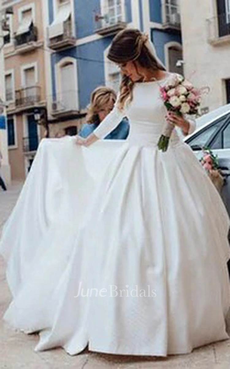 Simple Backless Long Sleeve Satin Ball Gown Wedding Dresses - June Bridals