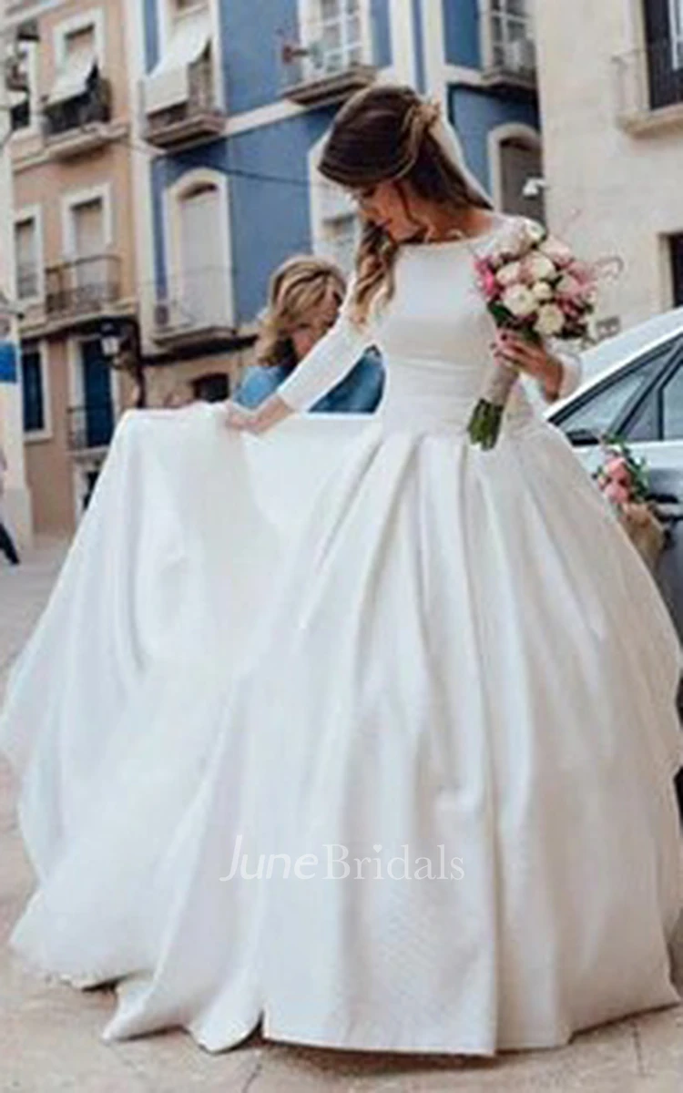 Ball Gown Long Queen Anne Sleeveless Satin Court Train Corset Back Broach  Dress - June Bridals