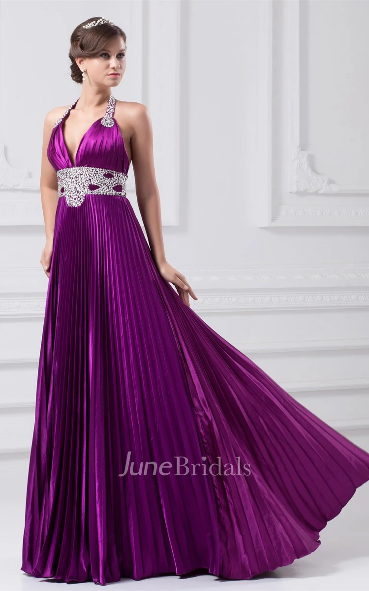 plunged pleated a-line gown with gemmed waist and halter