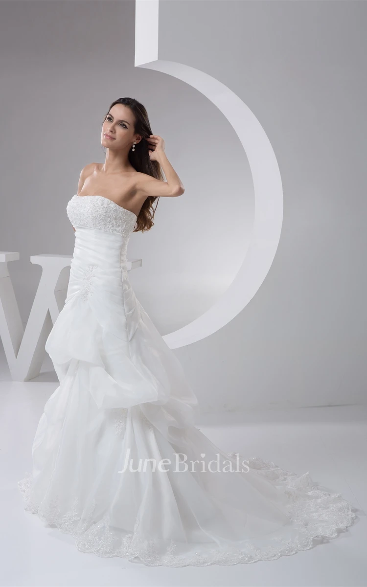 Strapless Tulle Pick-Up Dress with Appliques and Brush Train