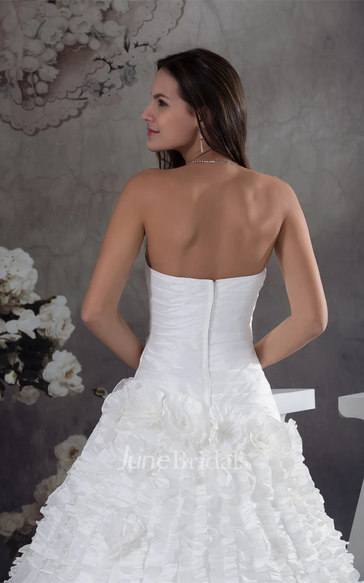 Strapless Criss-Cross A-Line Satin Bodice Dress with Flowers and Tulle Overlay