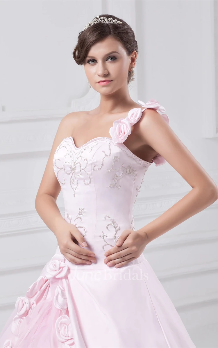 Single-Strap Sweetheart Embroidered Ball Gown with Flower