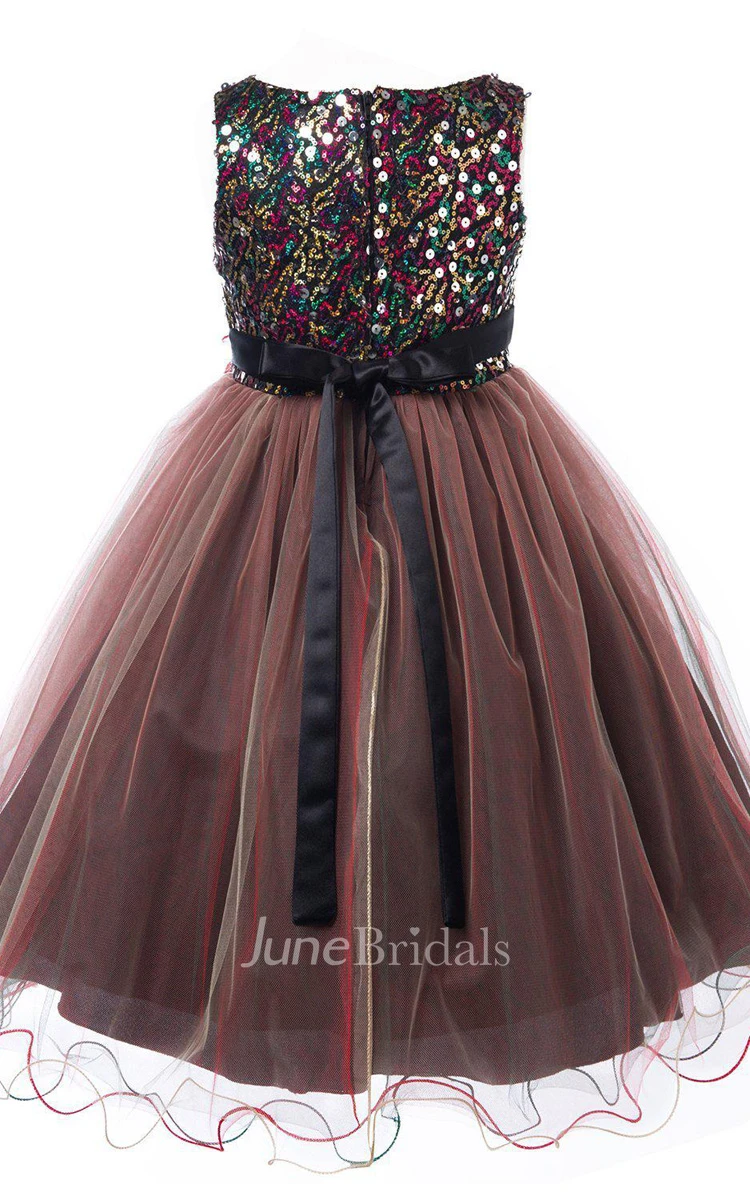 Sleeveless A-line Sequined Dress With Flower and Bow
