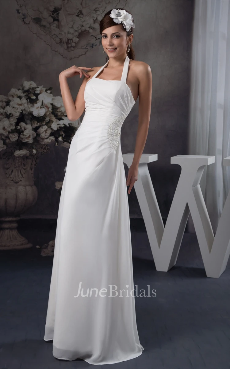 Chiffon Side-Draped A-Line Maxi Dress with Appliques and Halter