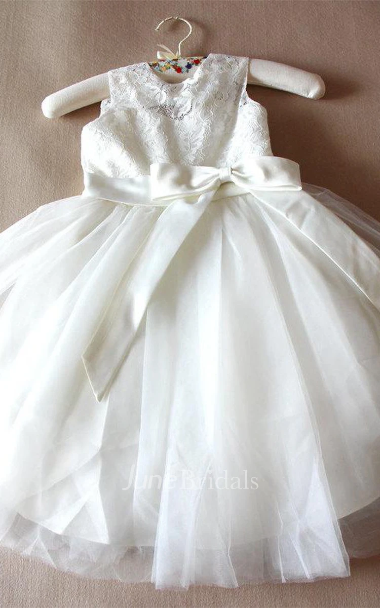 Floor-length Tulle&Lace Dress With Bow&Flower