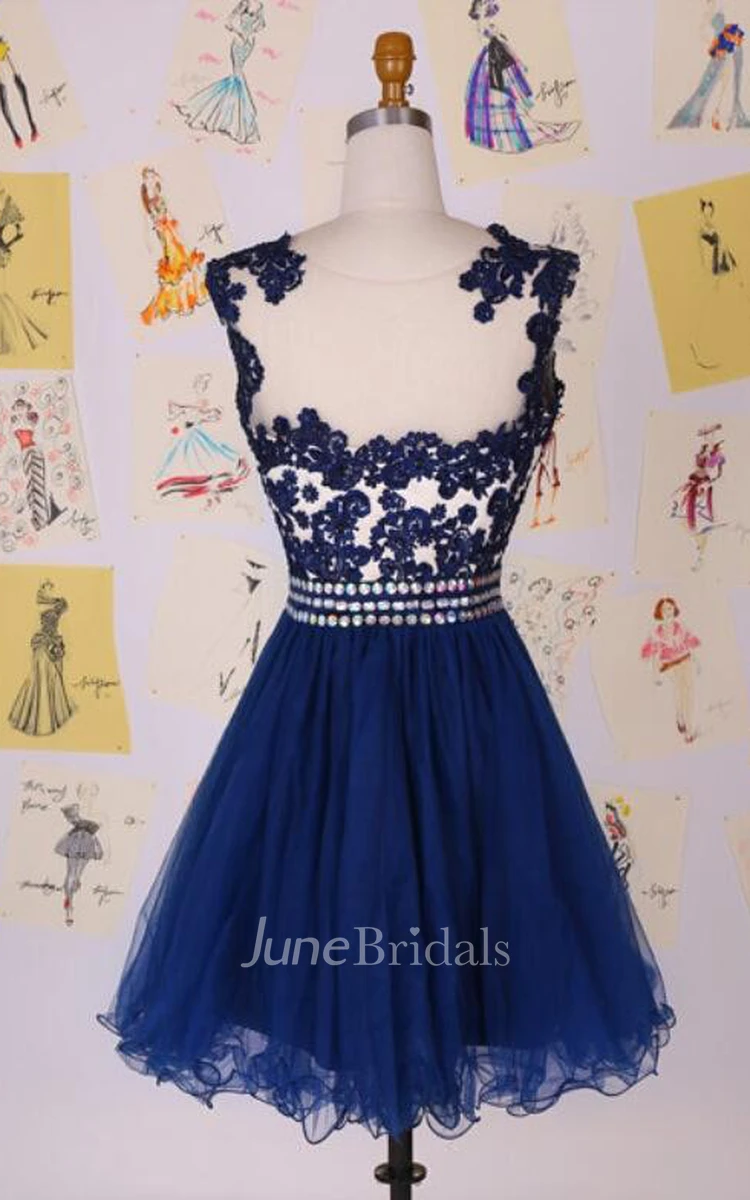 Elegant Illusion Cap Sleeve Short Cocktail Dress With Appliques Beadings
