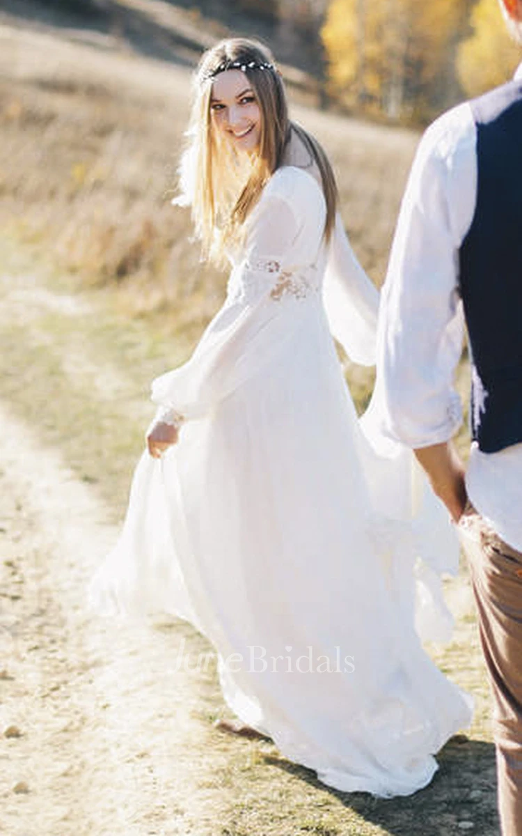 Chiffon Poet Long Sleeve Bohemian Plunging Wedding Dress With Lace Details And Front Split