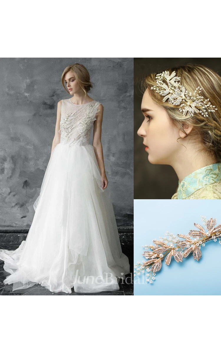Tulle Beaded Embroidered Wedding Dress and Handmade Pearl Diamond Gold Headdress Accessories
