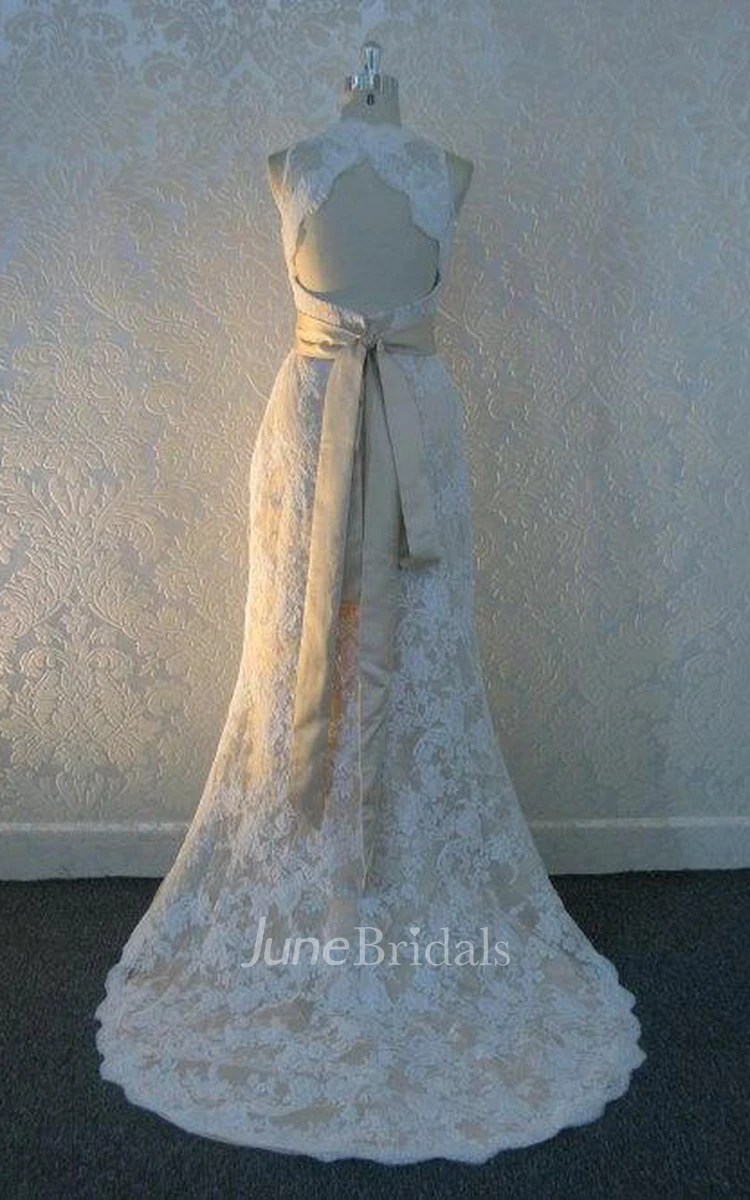 Scalloped Sleeveless Sheath Lace Wedding Dress With Sash And Keyhole Back
