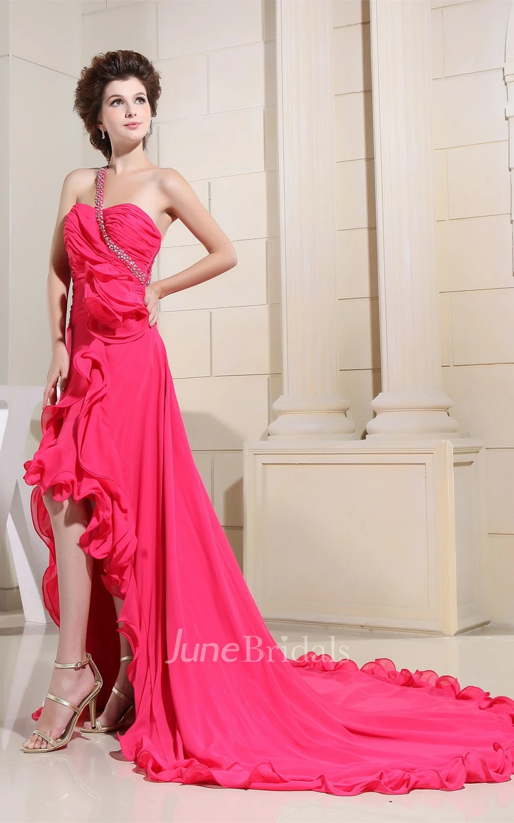 Sweetheart Ruched High-Low Dress with Flower and Ruffles