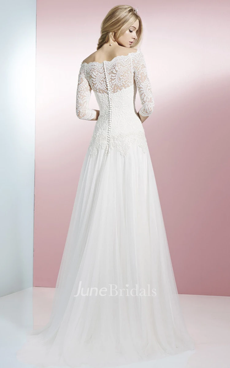 Sheath 3-4 Sleeve Off-The-Shoulder Lace Tulle Wedding Dress With Brush Train