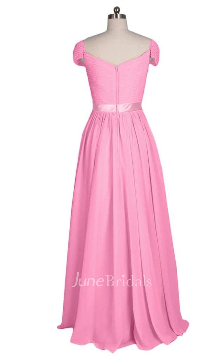 Cap-sleeve Sweetheart Ruched A-line Gown With Satin Band