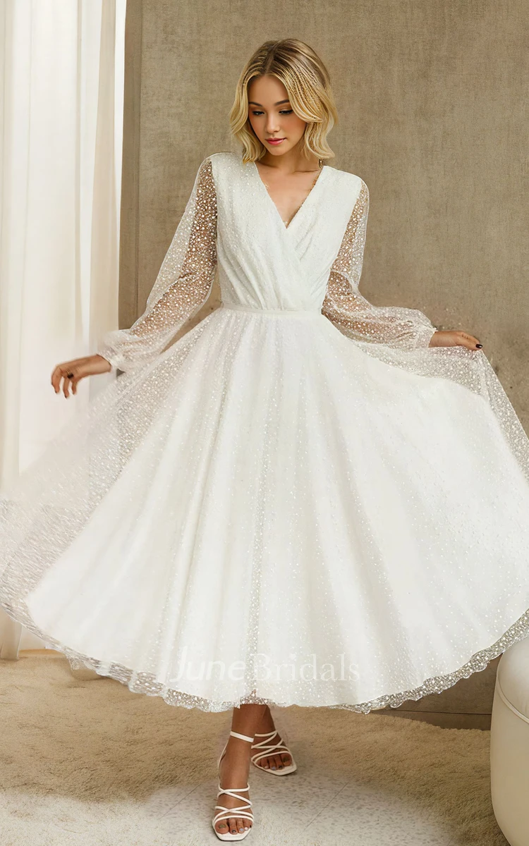 Tea-length A-Line V-neck Vintage Simple Petite Adorable Long Sleeve Wedding Dress with Button Back Sash