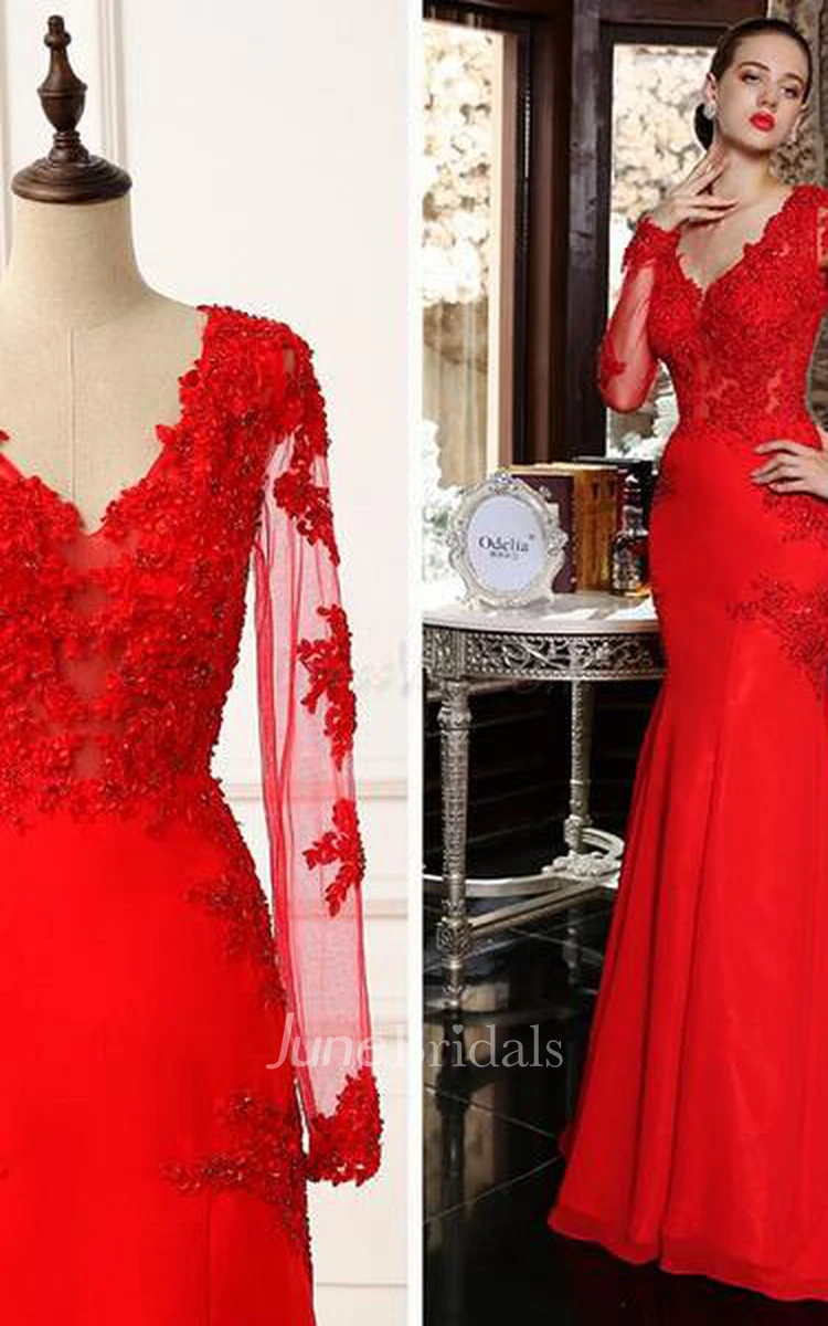 Red lace long sale sleeve mermaid prom dress