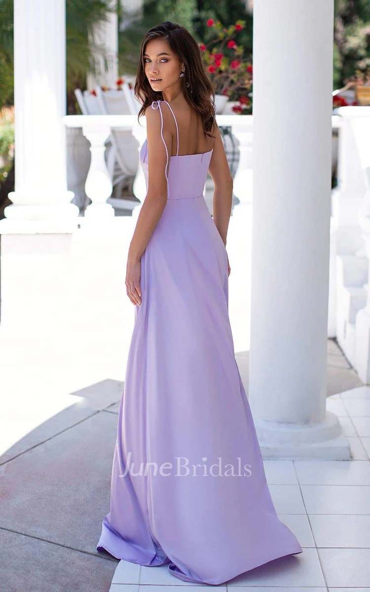 Simple A Line Satin Spaghetti Square Sleeveless Prom Dress with Split Front