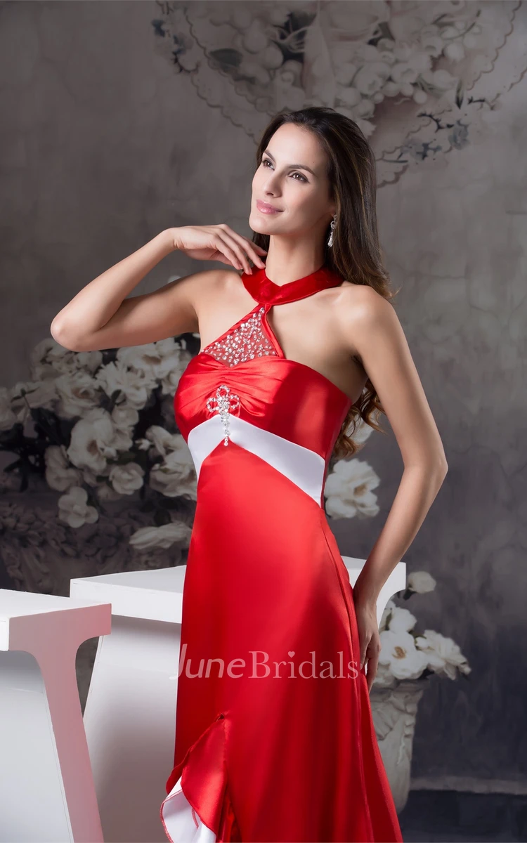 Sleeveless High-Neck Strapless Front-Split Dress with Beadings and Ruffles