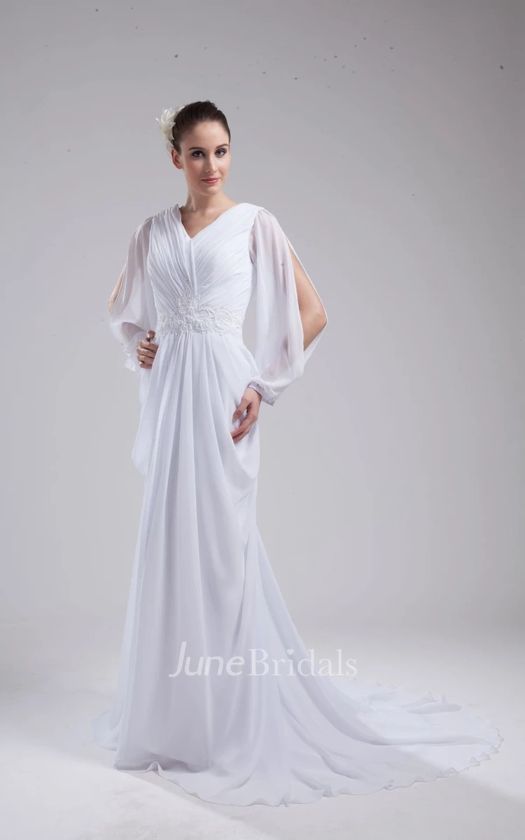 Fairy Chiffon Long-Sleeve Dress With Ruching and Beaded Waist