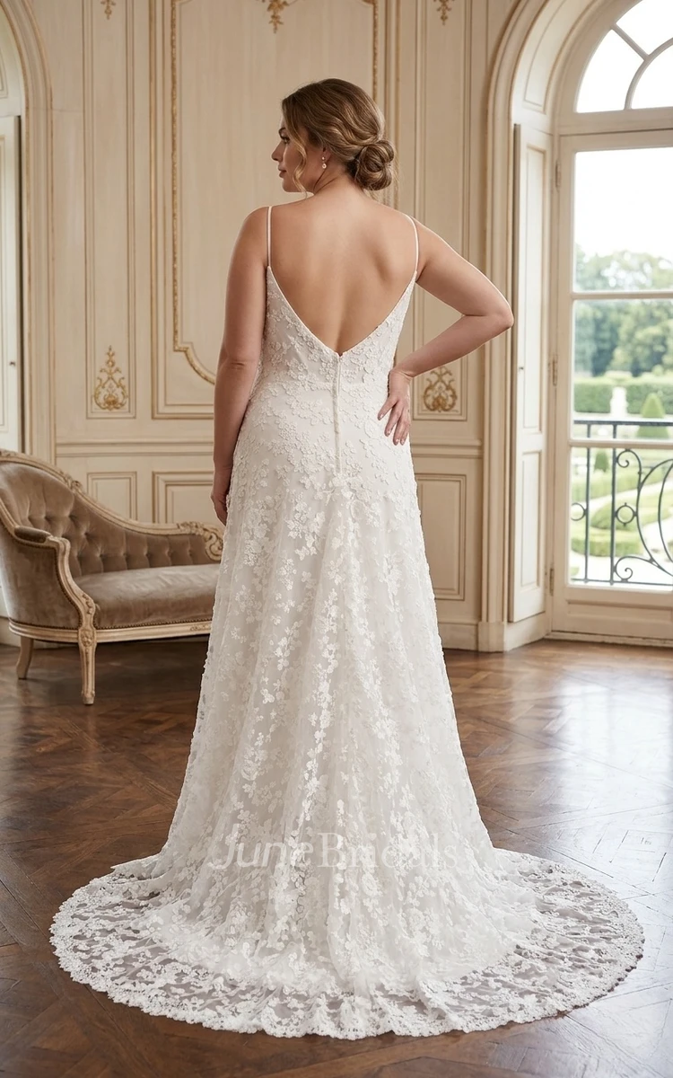 Beach Lace A-Line Wedding Dress Boho V-Neck Spaghetti Gown with Slit