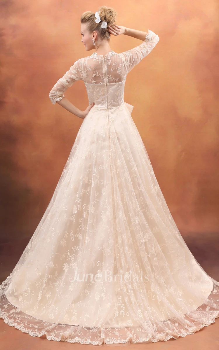 Gossamery Bowed Gown With Lace Appliques And Soft Tulle