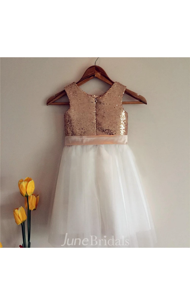 Gold Sequin Sleeveless Ivory Tulle Flower Girl Dress With Sash Bow